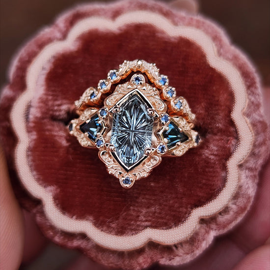 Fantasy Cut Montana Sapphire Odessa Art Deco Engagement Ring with Sapphire Kite Side Stones and Delicate Gold Scrolls - 14k Rose Gold image 2