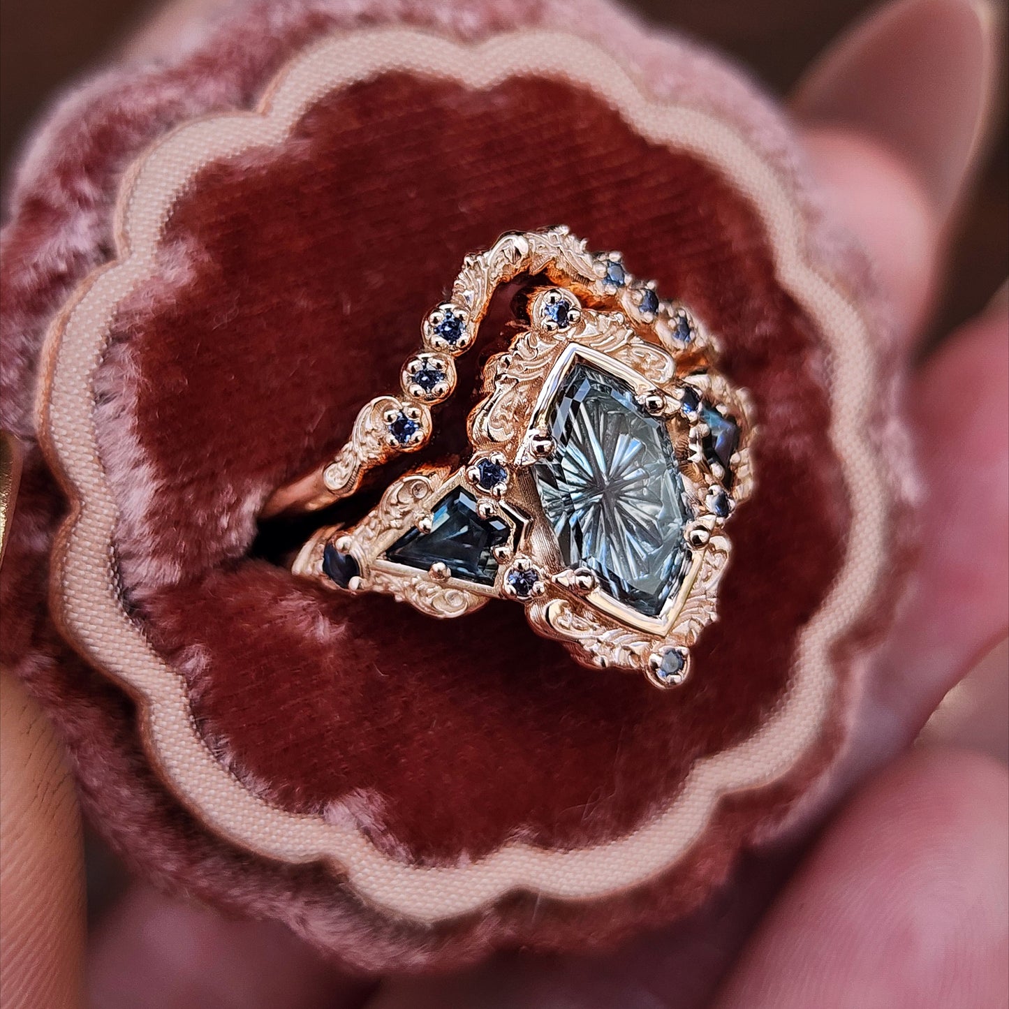 Fantasy Cut Montana Sapphire Odessa Art Deco Engagement Ring with Sapphire Kite Side Stones and Delicate Gold Scrolls - 14k Rose Gold image 4