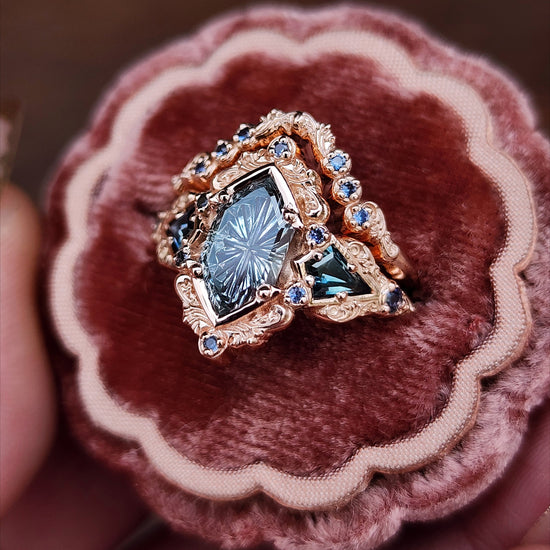 Fantasy Cut Montana Sapphire Odessa Art Deco Engagement Ring with Sapphire Kite Side Stones and Delicate Gold Scrolls - 14k Rose Gold image 3