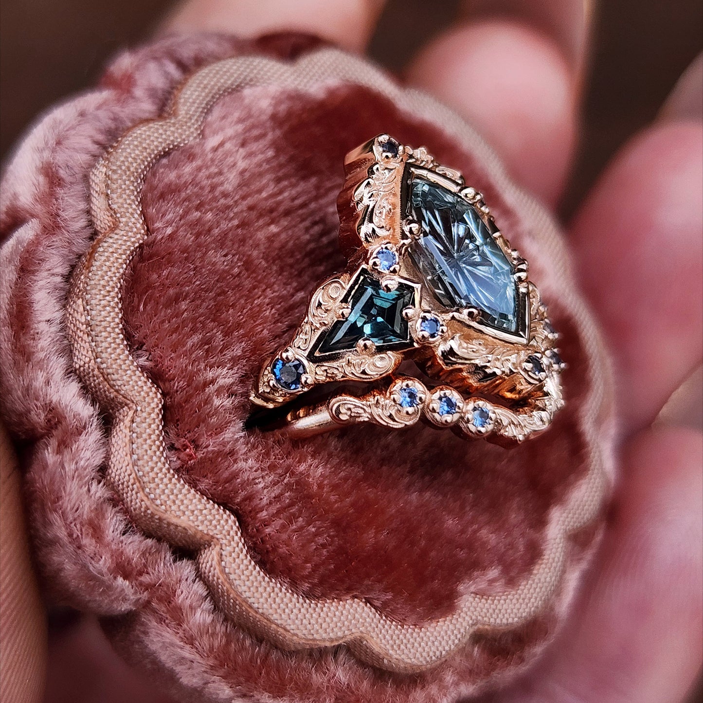 Fantasy Cut Montana Sapphire Odessa Art Deco Engagement Ring with Sapphire Kite Side Stones and Delicate Gold Scrolls - 14k Rose Gold image 5