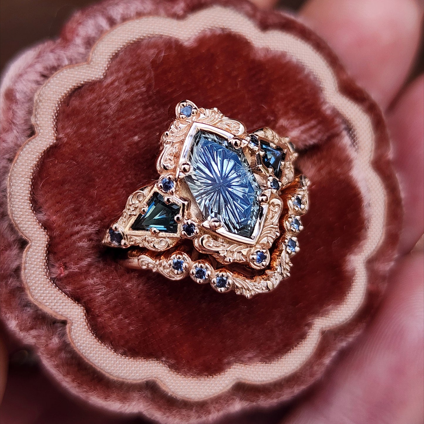 Fantasy Cut Montana Sapphire Odessa Art Deco Engagement Ring with Sapphire Kite Side Stones and Delicate Gold Scrolls - 14k Rose Gold image 7