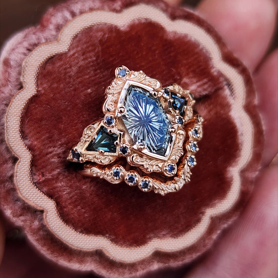 Fantasy Cut Montana Sapphire Odessa Art Deco Engagement Ring with Sapphire Kite Side Stones and Delicate Gold Scrolls - 14k Rose Gold image 7