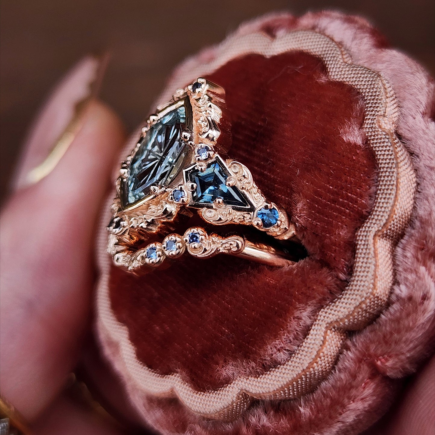 Fantasy Cut Montana Sapphire Odessa Art Deco Engagement Ring with Sapphire Kite Side Stones and Delicate Gold Scrolls - 14k Rose Gold image 7