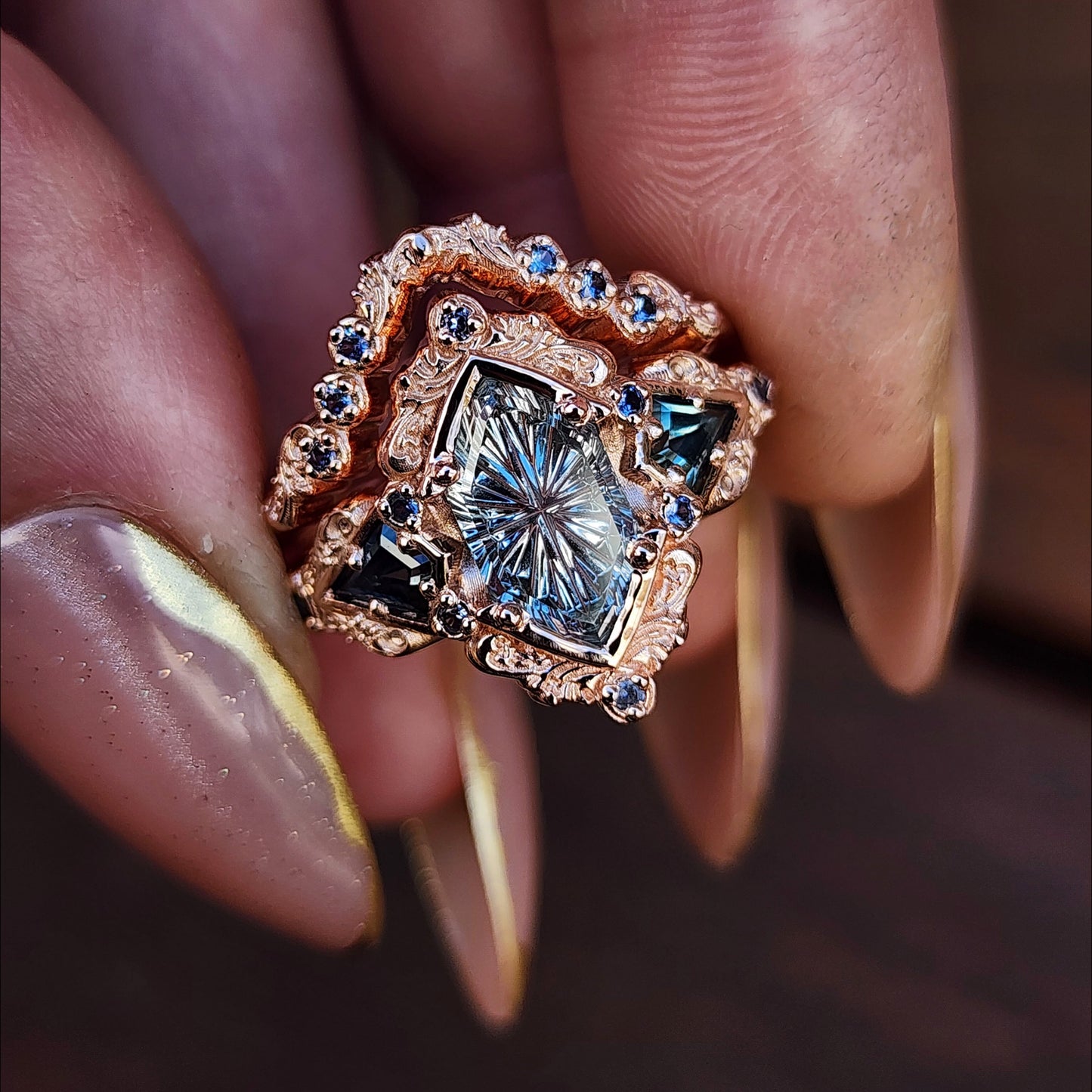 Fantasy Cut Montana Sapphire Odessa Art Deco Engagement Ring with Sapphire Kite Side Stones and Delicate Gold Scrolls - 14k Rose Gold image 1