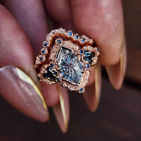 Fantasy Cut Montana Sapphire Odessa Art Deco Engagement Ring with Sapphire Kite Side Stones and Delicate Gold Scrolls - 14k Rose Gold image 1