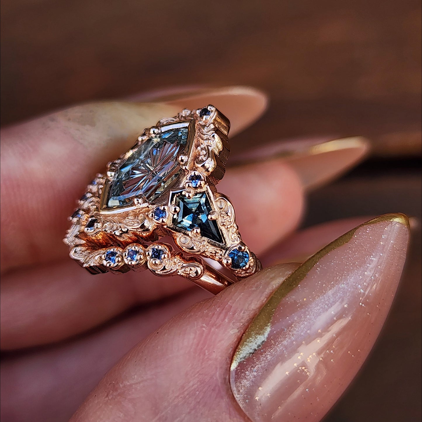 Fantasy Cut Montana Sapphire Odessa Art Deco Engagement Ring with Sapphire Kite Side Stones and Delicate Gold Scrolls - 14k Rose Gold image 10