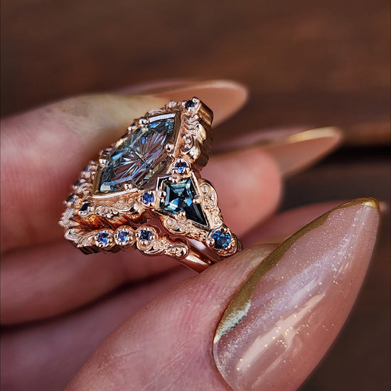 Fantasy Cut Montana Sapphire Odessa Art Deco Engagement Ring with Sapphire Kite Side Stones and Delicate Gold Scrolls - 14k Rose Gold image 10
