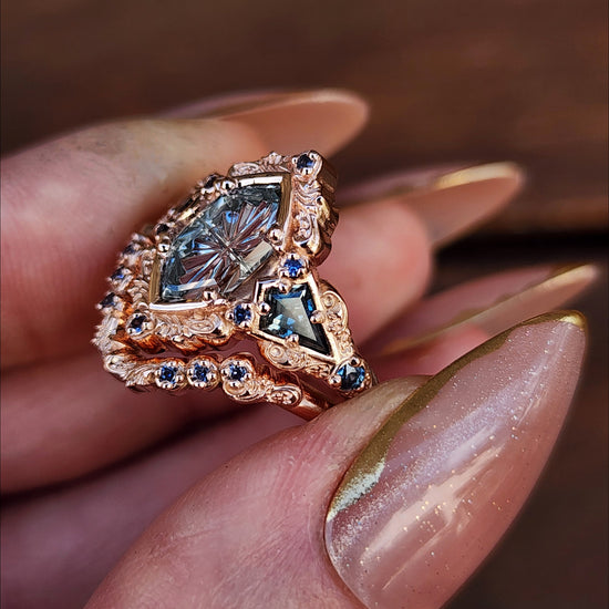 Fantasy Cut Montana Sapphire Odessa Art Deco Engagement Ring with Sapphire Kite Side Stones and Delicate Gold Scrolls - 14k Rose Gold image 9