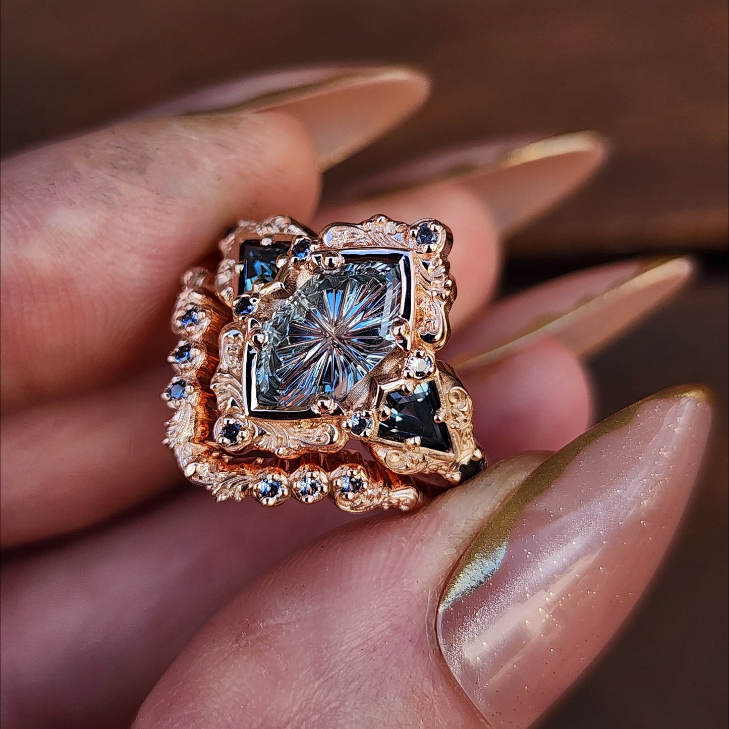 Fantasy Cut Montana Sapphire Odessa Art Deco Engagement Ring with Sapphire Kite Side Stones and Delicate Gold Scrolls - 14k Rose Gold image 8