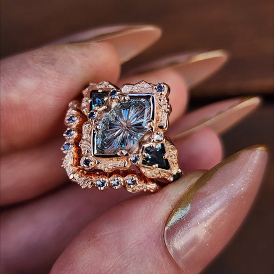 Fantasy Cut Montana Sapphire Odessa Art Deco Engagement Ring with Sapphire Kite Side Stones and Delicate Gold Scrolls - 14k Rose Gold image 8