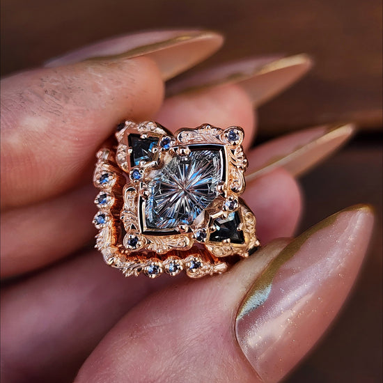 Fantasy Cut Montana Sapphire Odessa Art Deco Engagement Ring with Sapphire Kite Side Stones and Delicate Gold Scrolls - 14k Rose Gold image 11