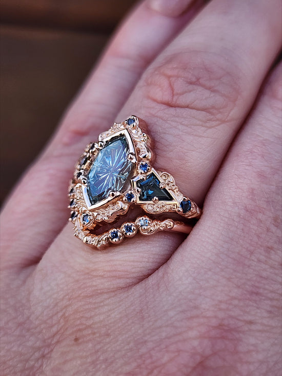 Fantasy Cut Montana Sapphire Odessa Art Deco Engagement Ring with Sapphire Kite Side Stones and Delicate Gold Scrolls - 14k Rose Gold image 13