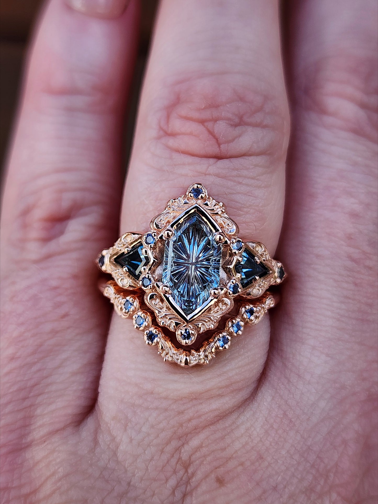 Fantasy Cut Montana Sapphire Odessa Art Deco Engagement Ring with Sapphire Kite Side Stones and Delicate Gold Scrolls - 14k Rose Gold image 12