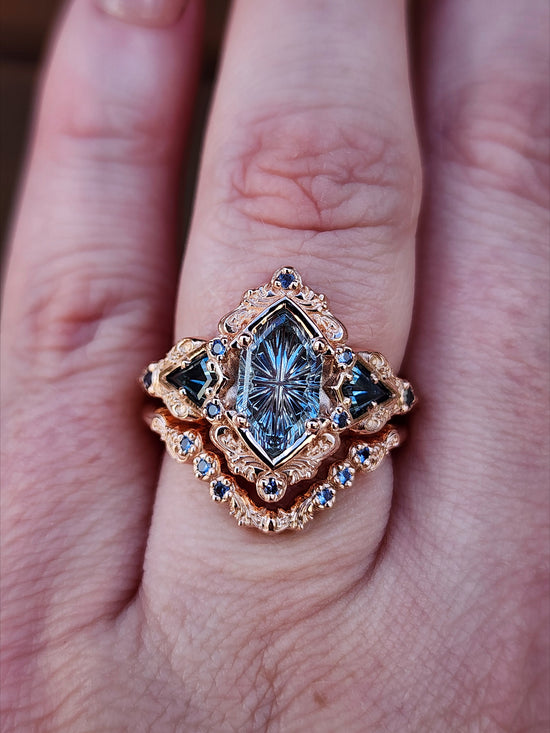 Fantasy Cut Montana Sapphire Odessa Art Deco Engagement Ring with Sapphire Kite Side Stones and Delicate Gold Scrolls - 14k Rose Gold image 12