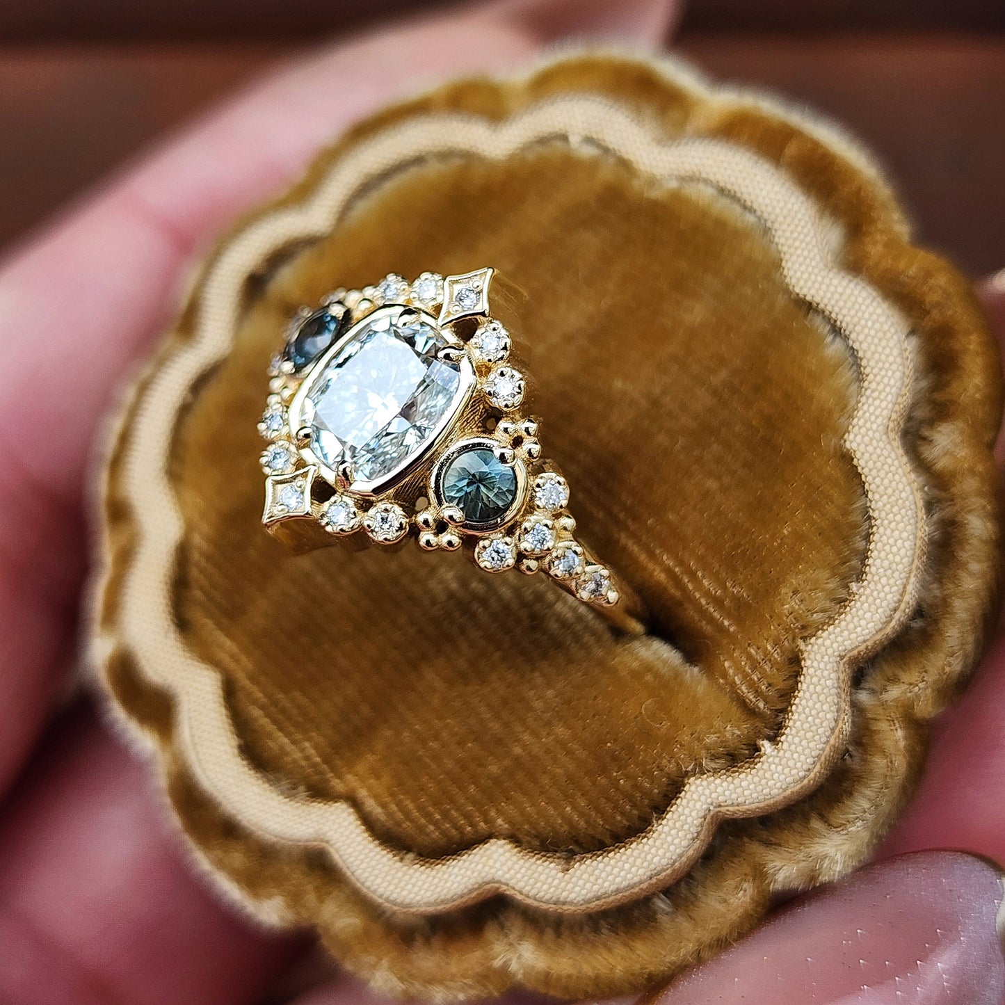 1.15ct Cushion Diamond Victorian Engagement Ring with Green Sapphires and Diamonds 14k Yellow Gold image  4