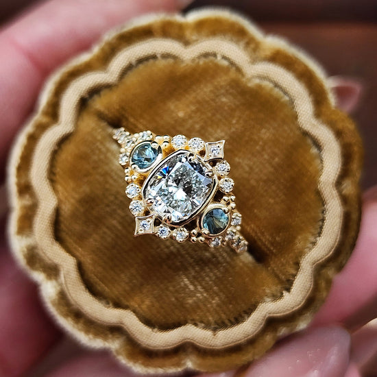 1.15ct Cushion Diamond Victorian Engagement Ring with Green Sapphires and Diamonds 14k Yellow Gold image 3