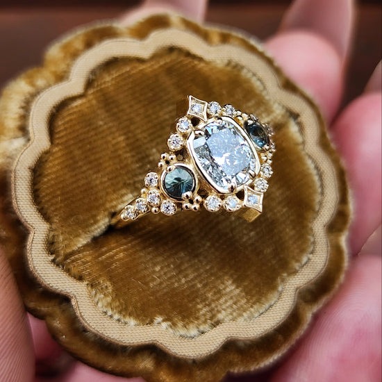 1.15ct Cushion Diamond Victorian Engagement Ring with Green Sapphires and Diamonds 14k Yellow Gold image  5