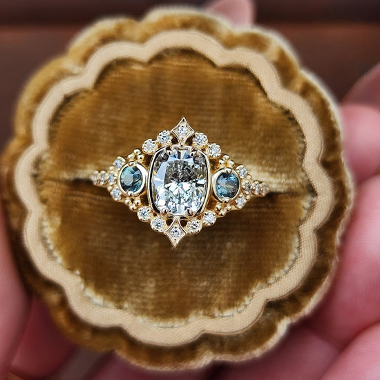 1.15ct Cushion Diamond Victorian Engagement Ring with Green Sapphires and Diamonds 14k Yellow Gold image 1