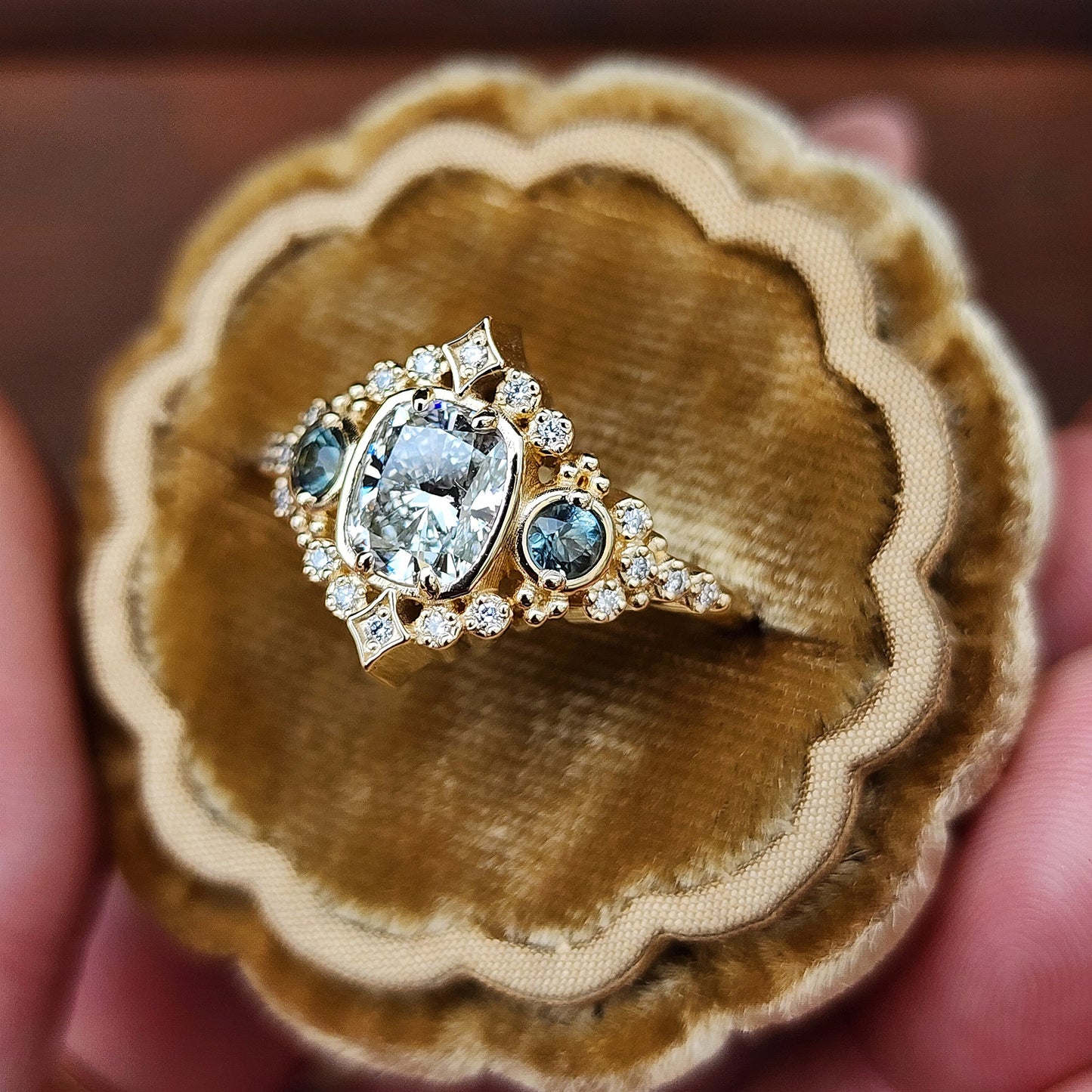 1.15ct Cushion Diamond Victorian Engagement Ring with Green Sapphires and Diamonds 14k Yellow Gold image  6