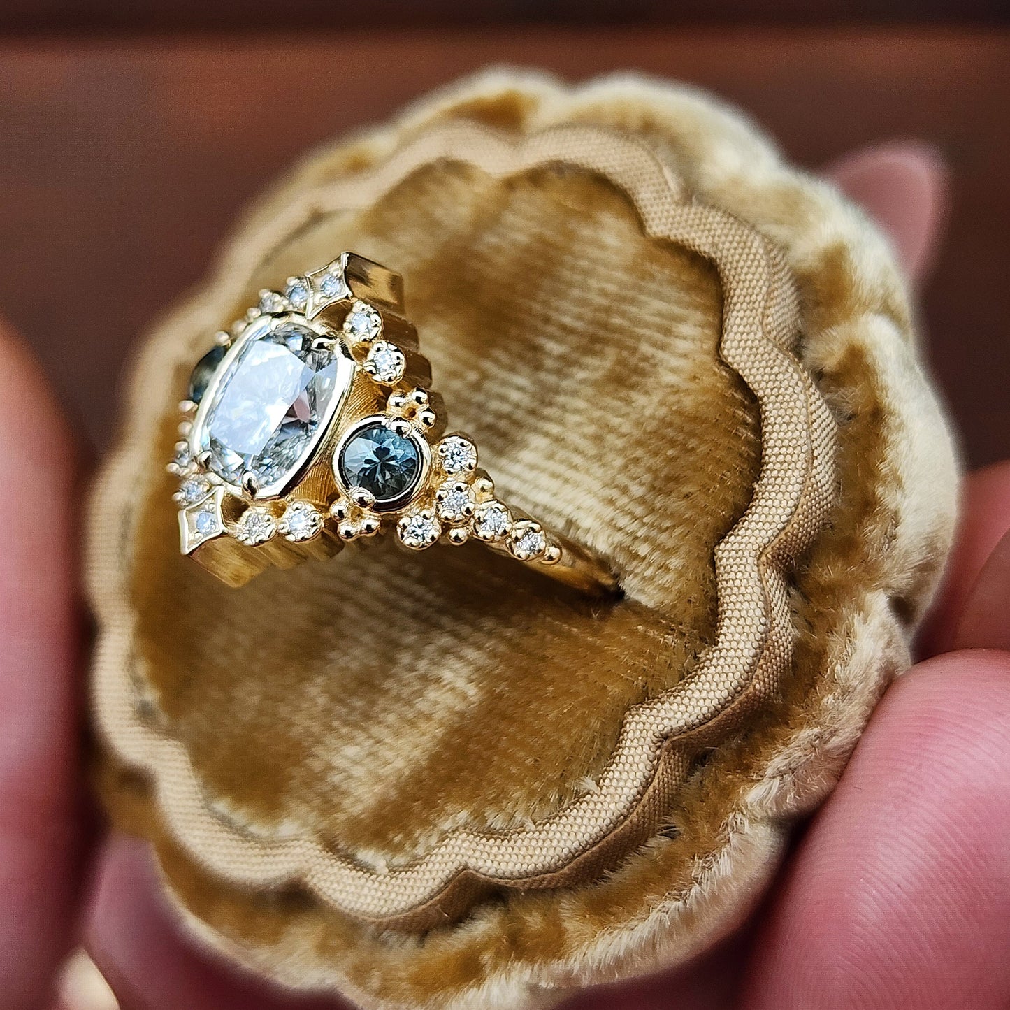 1.15ct Cushion Diamond Victorian Engagement Ring with Green Sapphires and Diamonds 14k Yellow Gold image  7