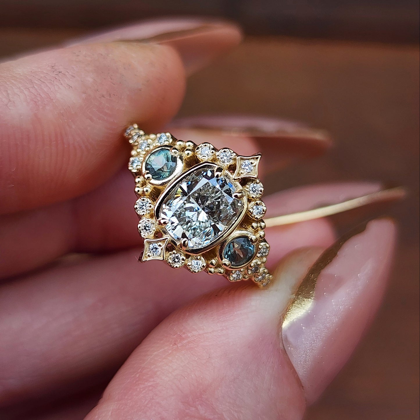 1.15ct Cushion Diamond Victorian Engagement Ring with Green Sapphires and Diamonds 14k Yellow Gold image  8