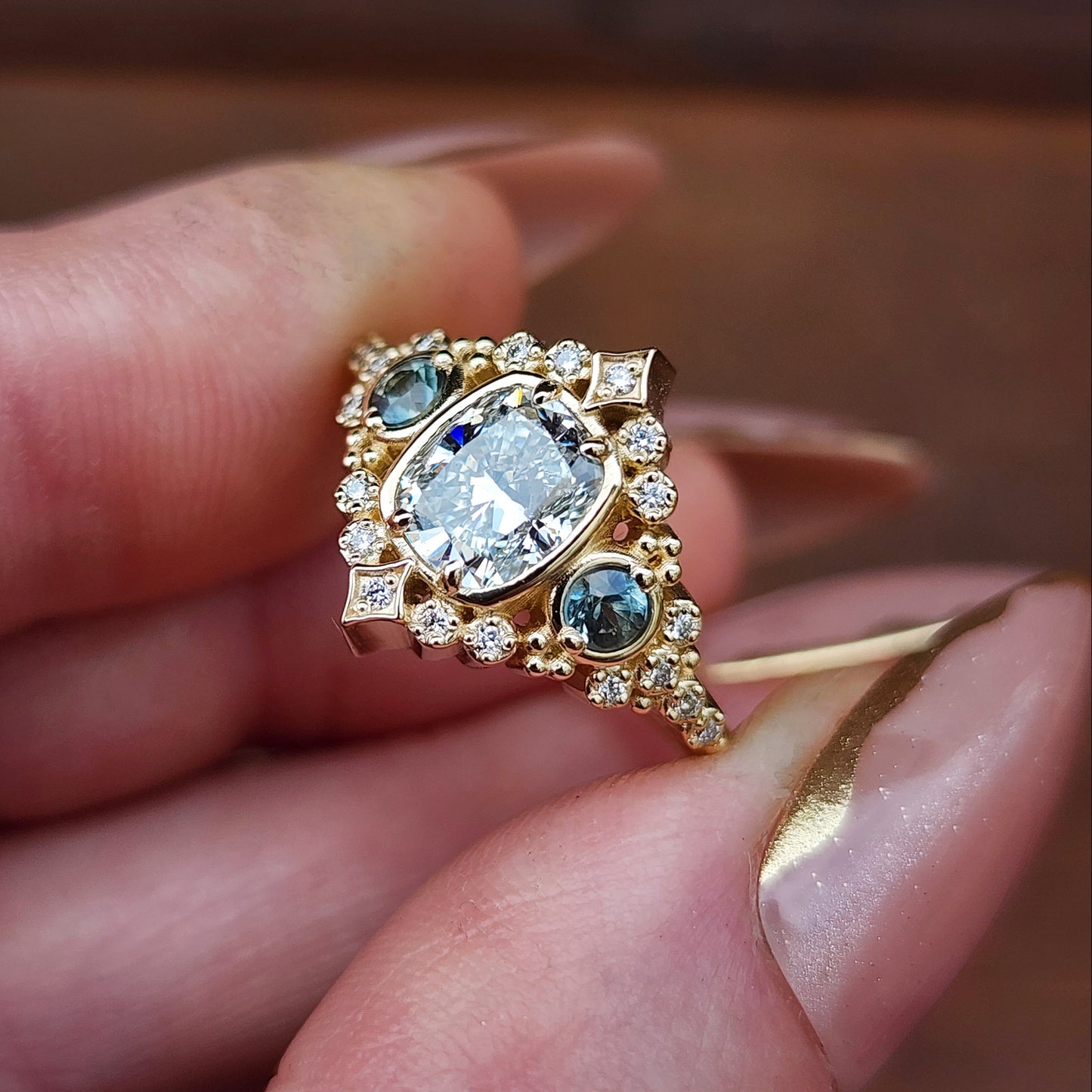 1.15ct Cushion Diamond Victorian Engagement Ring with Green Sapphires and Diamonds 14k Yellow Gold image 9