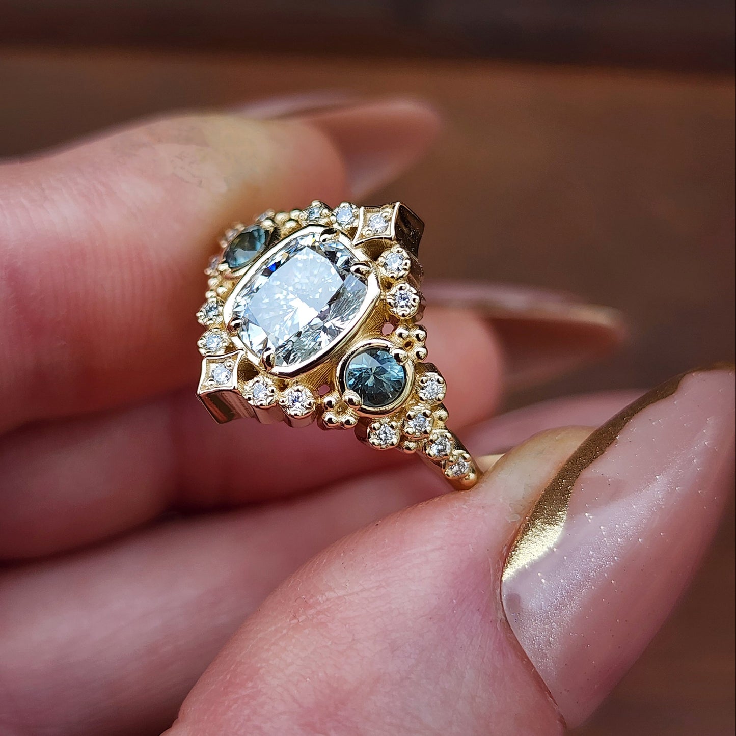 1.15ct Cushion Diamond Victorian Engagement Ring with Green Sapphires and Diamonds 14k Yellow Gold image 10