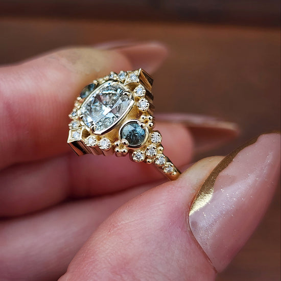 1.15ct Cushion Diamond Victorian Engagement Ring with Green Sapphires and Diamonds 14k Yellow Gold image 11