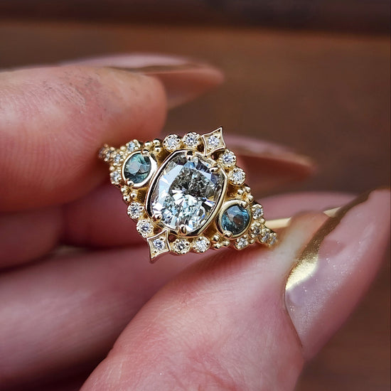 1.15ct Cushion Diamond Victorian Engagement Ring with Green Sapphires and Diamonds 14k Yellow Gold image  2