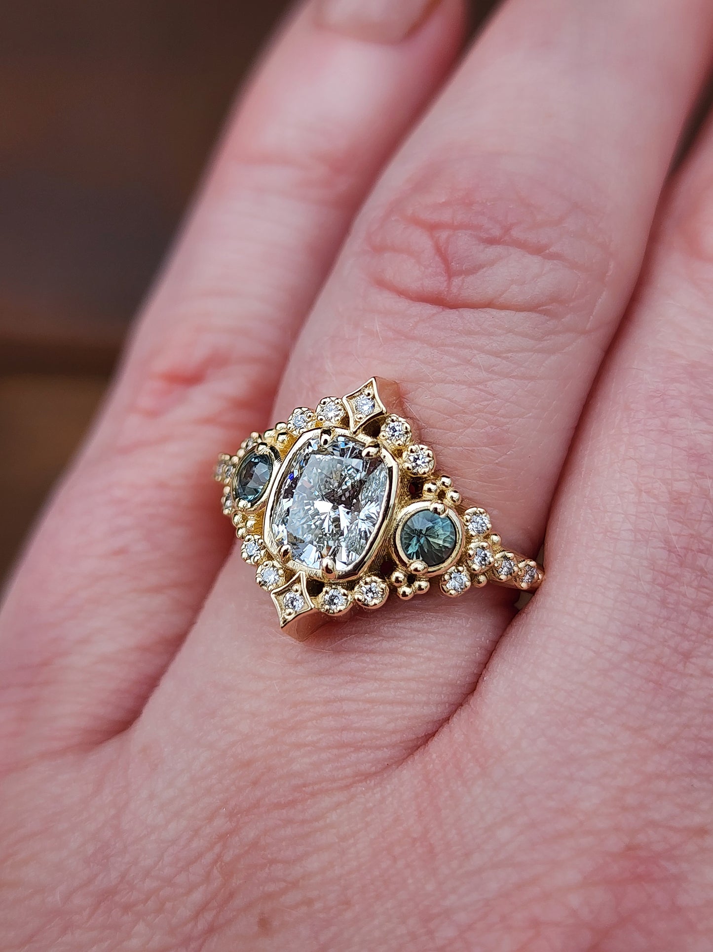1.15ct Cushion Diamond Victorian Engagement Ring with Green Sapphires and Diamonds 14k Yellow Gold image 13