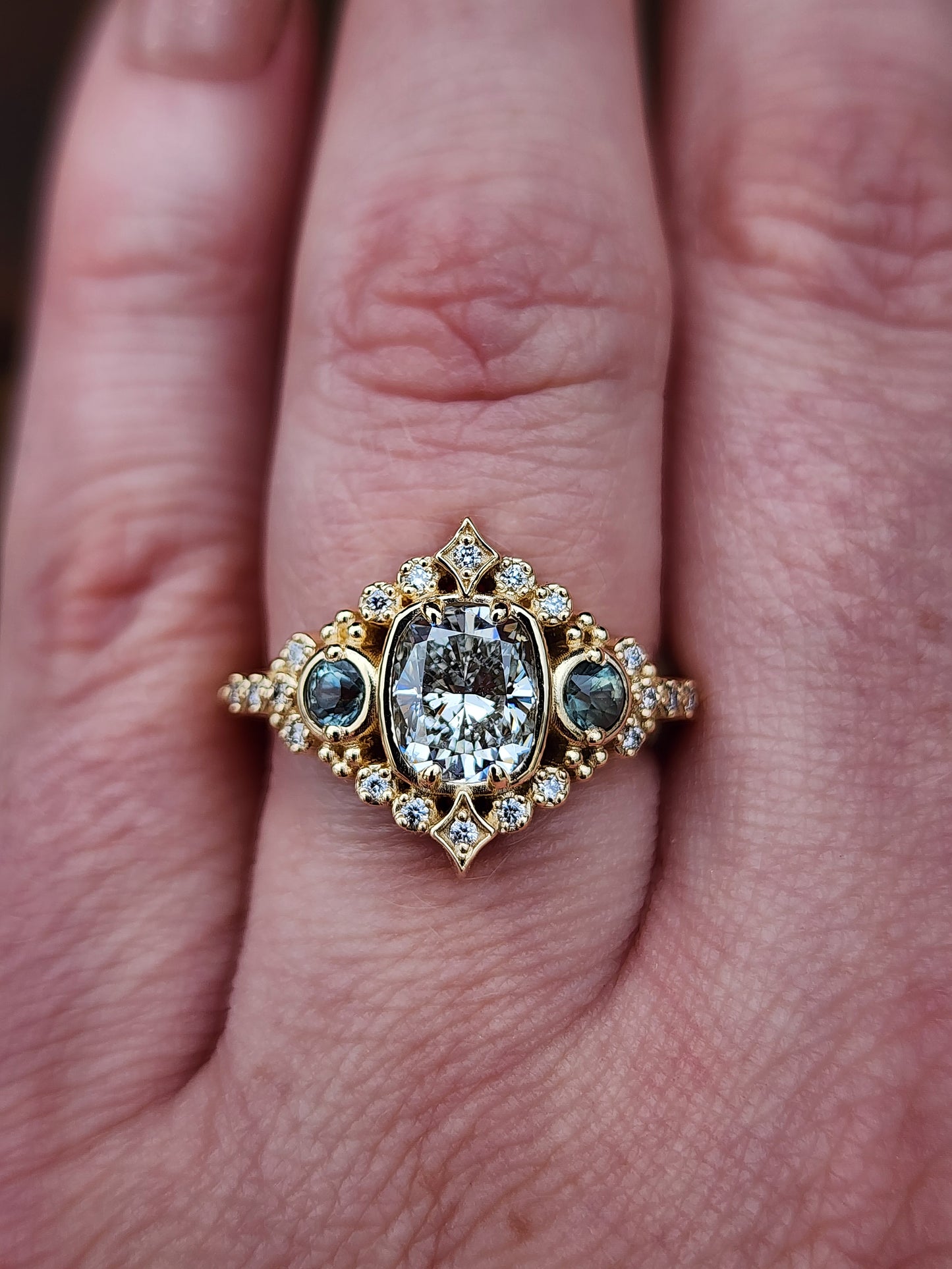 1.15ct Cushion Diamond Victorian Engagement Ring with Green Sapphires and Diamonds 14k Yellow Gold image  12