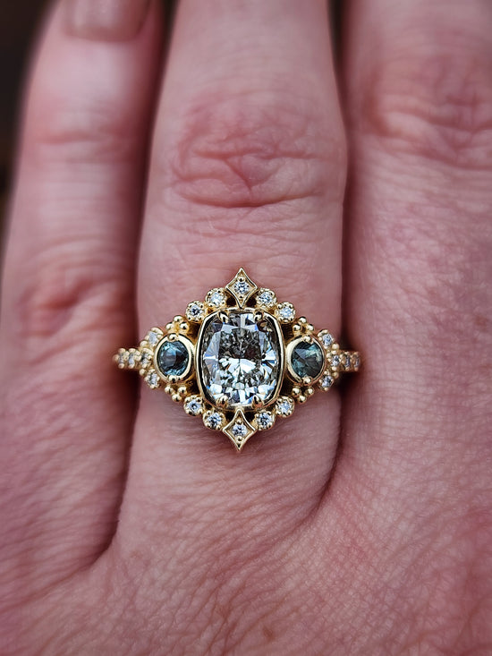 1.15ct Cushion Diamond Victorian Engagement Ring with Green Sapphires and Diamonds 14k Yellow Gold image  12