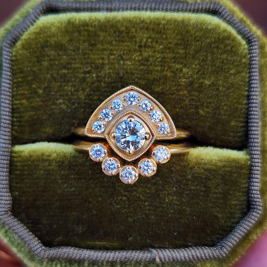 Art Deco Natural Diamond Fan Engagement Ring Set with Millgrain - 18k Yellow Gold image 1