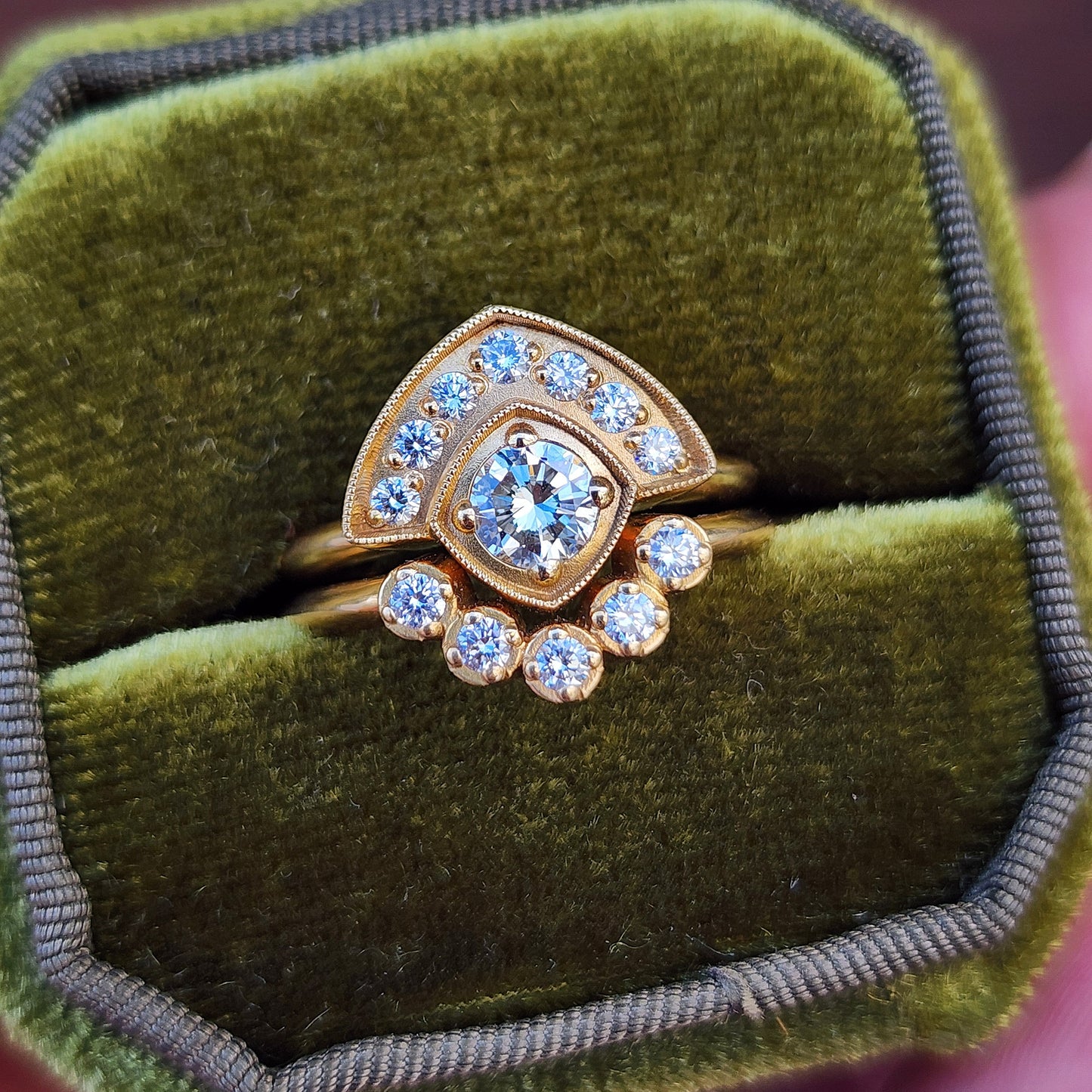 Art Deco Natural Diamond Fan Engagement Ring Set with Millgrain - 18k Yellow Gold image 6