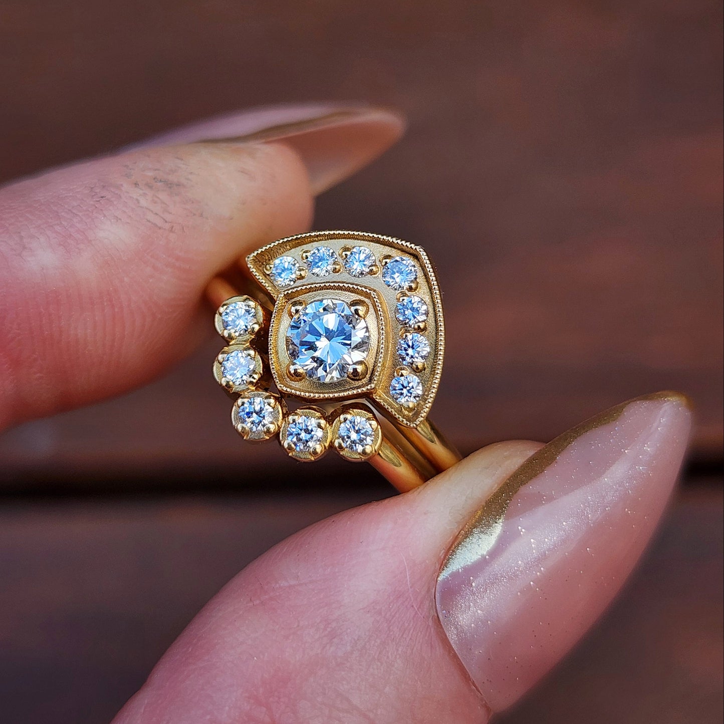 Art Deco Natural Diamond Fan Engagement Ring Set with Millgrain - 18k Yellow Gold image 7