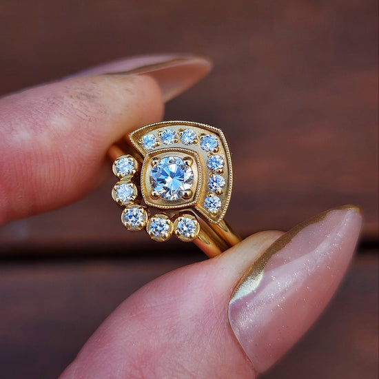 Art Deco Natural Diamond Fan Engagement Ring Set with Millgrain - 18k Yellow Gold image 7