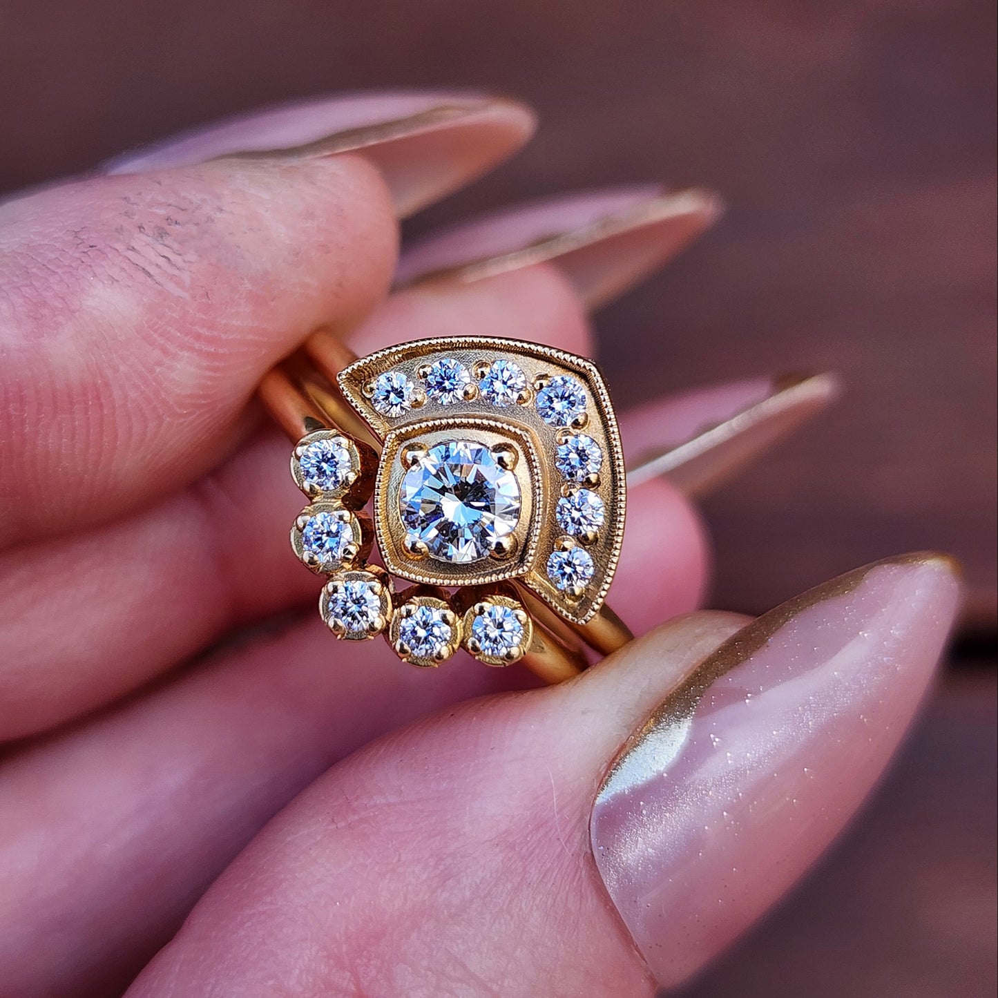 Art Deco Natural Diamond Fan Engagement Ring Set with Millgrain - 18k Yellow Gold image 2