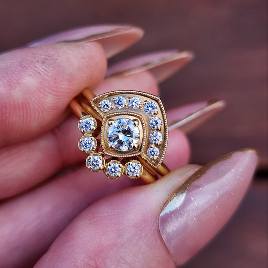 Art Deco Natural Diamond Fan Engagement Ring Set with Millgrain - 18k Yellow Gold image 2