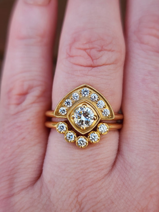 Art Deco Natural Diamond Fan Engagement Ring Set with Millgrain - 18k Yellow Gold image 8