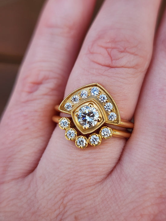 Art Deco Natural Diamond Fan Engagement Ring Set with Millgrain - 18k Yellow Gold image 9