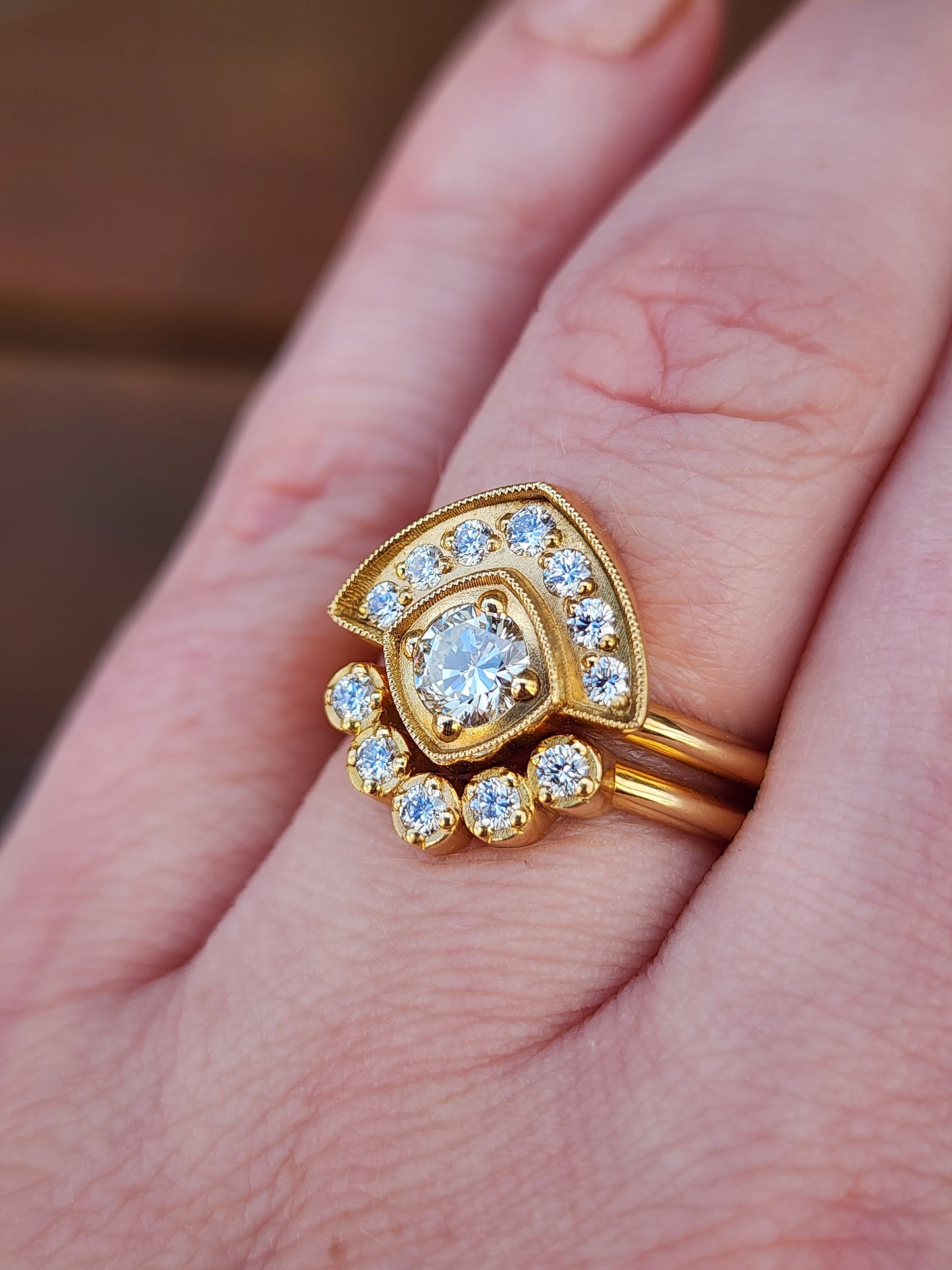 Art Deco Natural Diamond Fan Engagement Ring Set with Millgrain - 18k Yellow Gold image 10