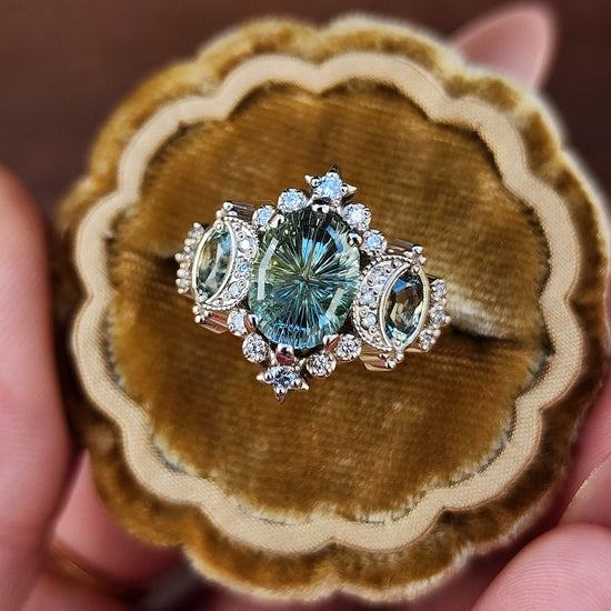 2.80ct Fantasy Cut Montana Sapphire Sabrina Celestial Engagement Ring with Diamonds and Stars 14k Palladium White Gold image 5