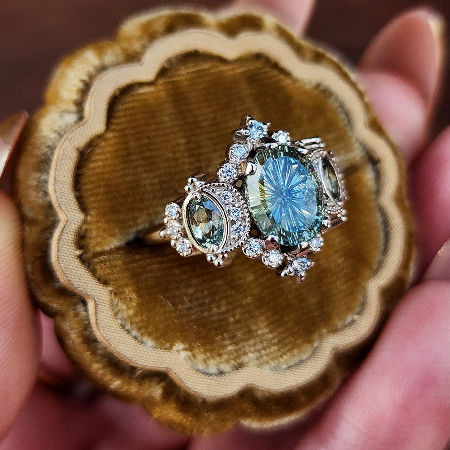 2.80ct Fantasy Cut Montana Sapphire Sabrina Celestial Engagement Ring with Diamonds and Stars 14k Palladium White Gold image 6