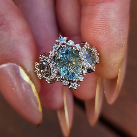 2.80ct Fantasy Cut Montana Sapphire Sabrina Celestial Engagement Ring with Diamonds and Stars 14k Palladium White Gold image 2