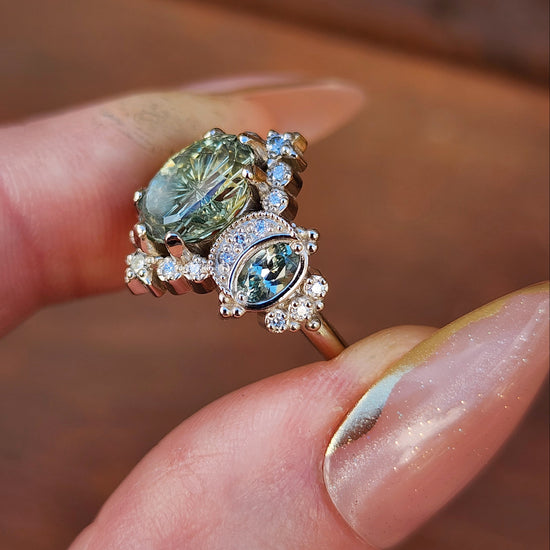 2.80ct Fantasy Cut Montana Sapphire Sabrina Celestial Engagement Ring with Diamonds and Stars 14k Palladium White Gold image 8