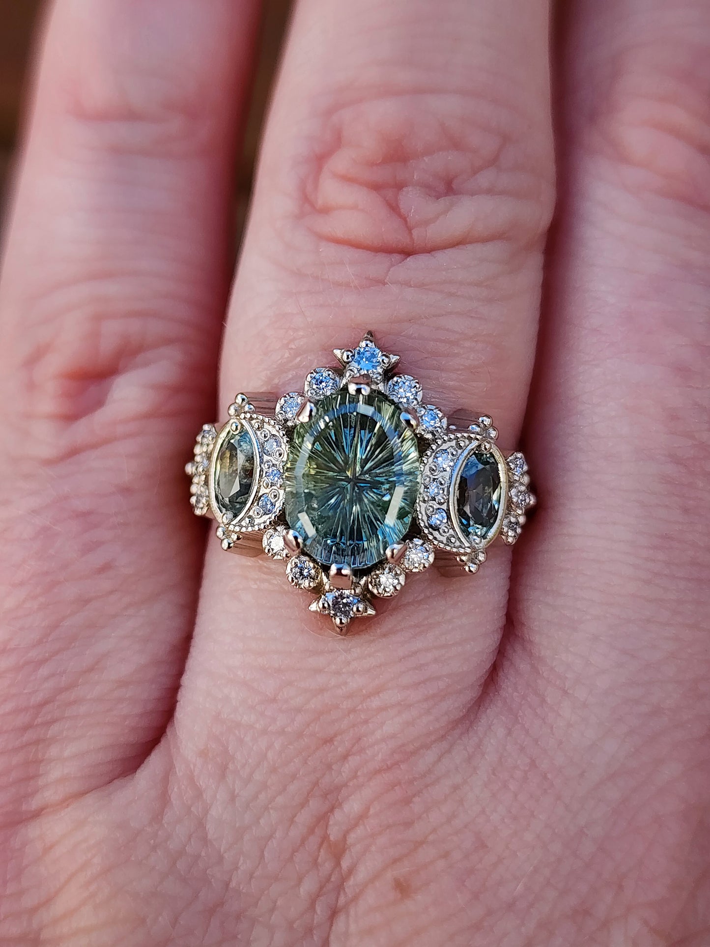 2.80ct Fantasy Cut Montana Sapphire Sabrina Celestial Engagement Ring with Diamonds and Stars 14k Palladium White Gold image 9