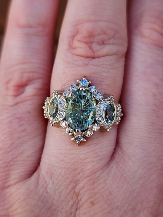 2.80ct Fantasy Cut Montana Sapphire Sabrina Celestial Engagement Ring with Diamonds and Stars 14k Palladium White Gold image 9