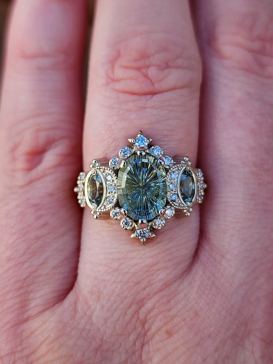 2.80ct Fantasy Cut Montana Sapphire Sabrina Celestial Engagement Ring with Diamonds and Stars 14k Palladium White Gold image 12