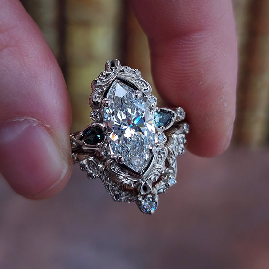 3.01ct Lab Diamond Odette Marquise Engagement Ring Set with Australian Sapphire Pears and Gold Filigree 14k Palladium White Gold image 1