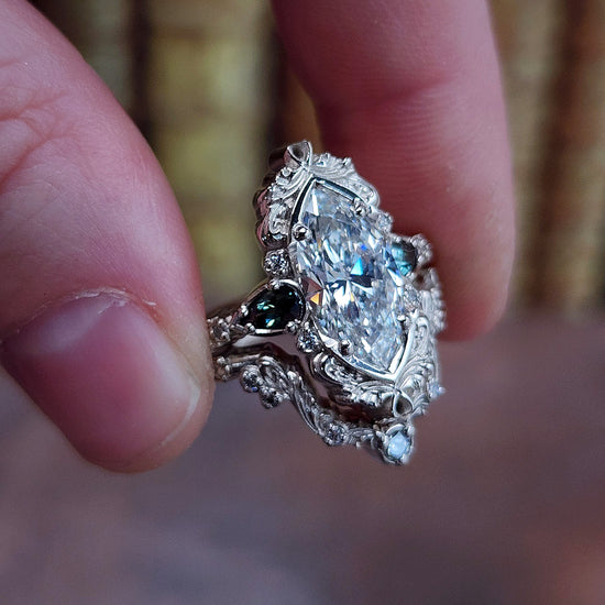 3.01ct Lab Diamond Odette Marquise Engagement Ring Set with Australian Sapphire Pears and Gold Filigree 14k Palladium White Gold image 3